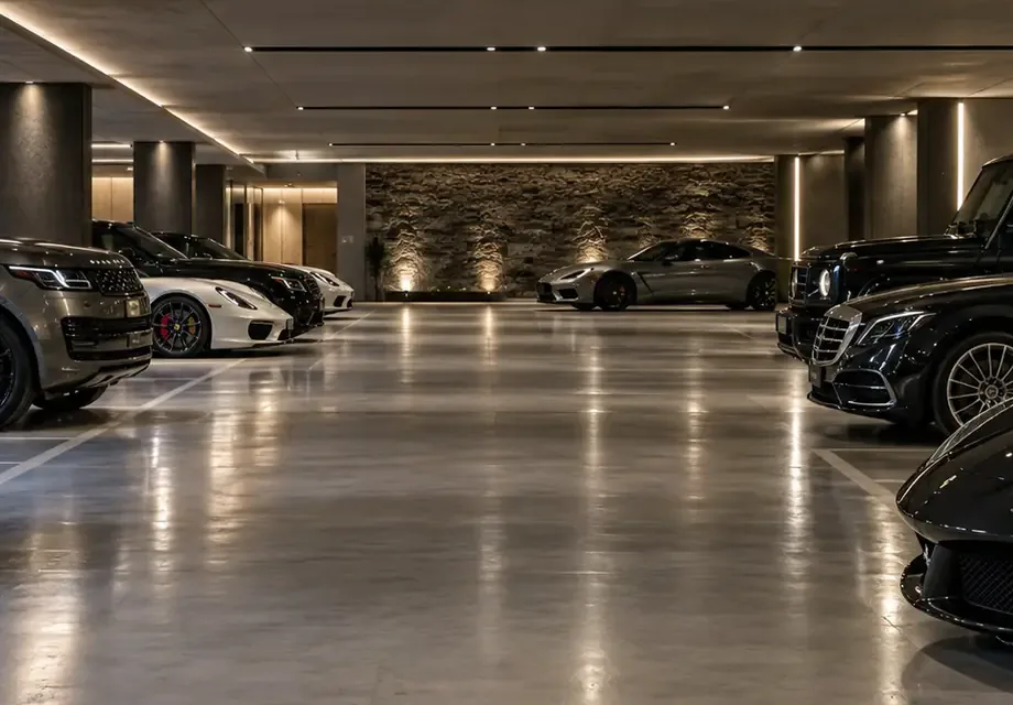 Car park aisle leading to a lit stone wall