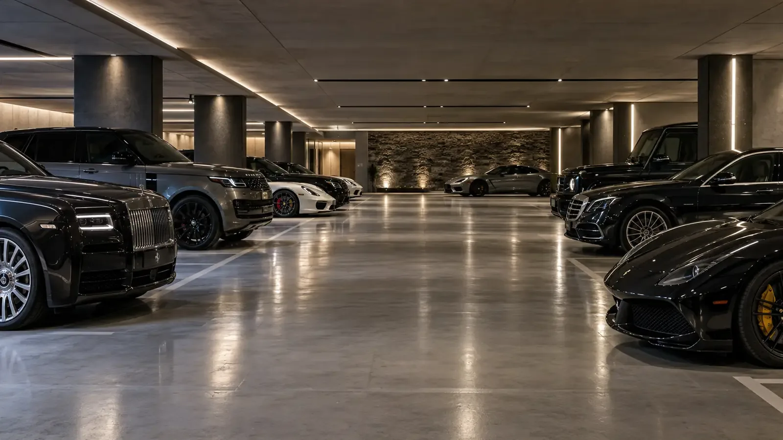 GaragePrivé covered car park in Geneva: luxury cars lined up under indirect lighting