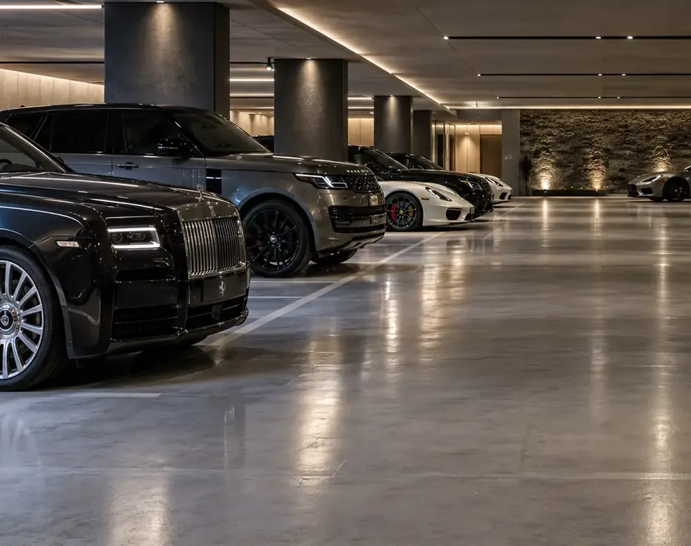 Prestige cars parked in their spaces
