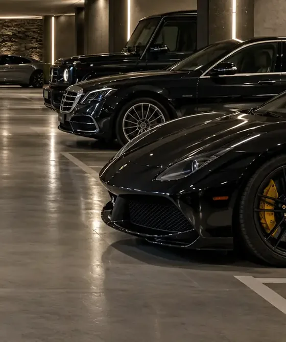 Black sports car parked in its space