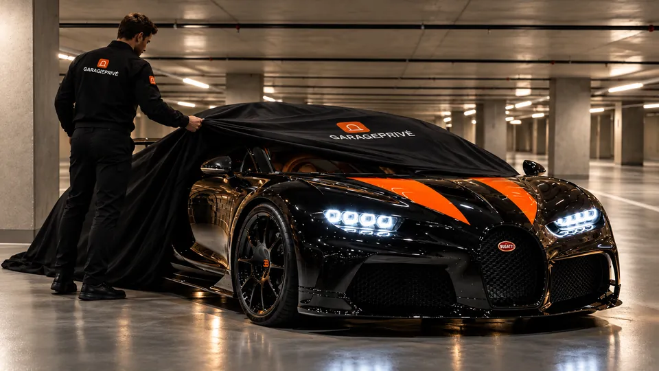 Black and orange hypercar uncovered from its GaragePrivé cover by a team member