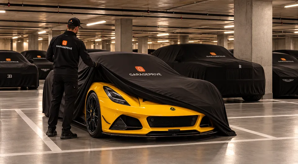 Yellow sports car under its GaragePrivé cover, surrounded by other covered cars