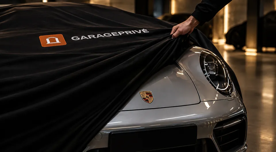 GaragePrivé protective cover lifted from the front of a grey sports car