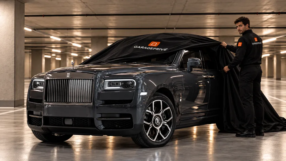 Dark grey luxury SUV and its GaragePrivé cover in the covered car park